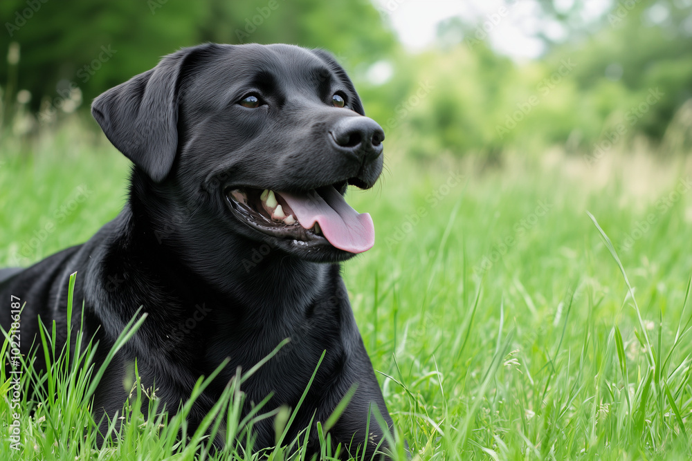 Happy Black Labrador in Lush Green Meadow on Sunny Day Happy Black Labrador in Lush Green Meadow on Sunny Day