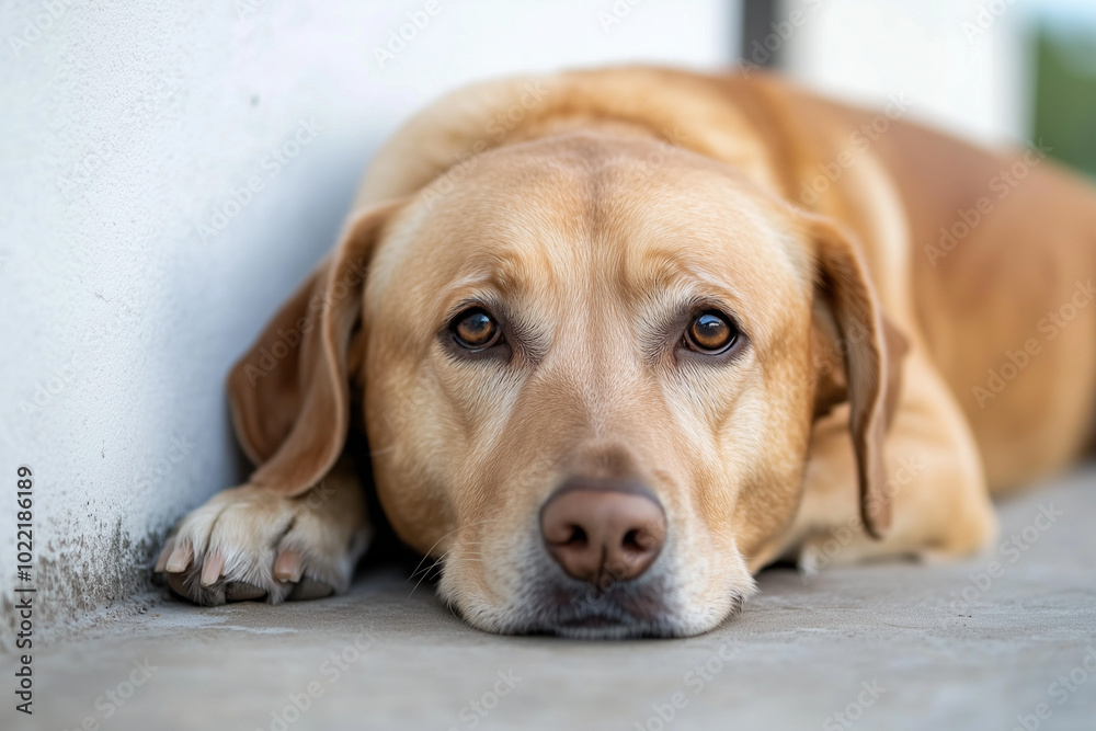 Golden Labrador Resting on a Concrete Floor Indoors Golden Labrador Resting on a Concrete Floor Indoors