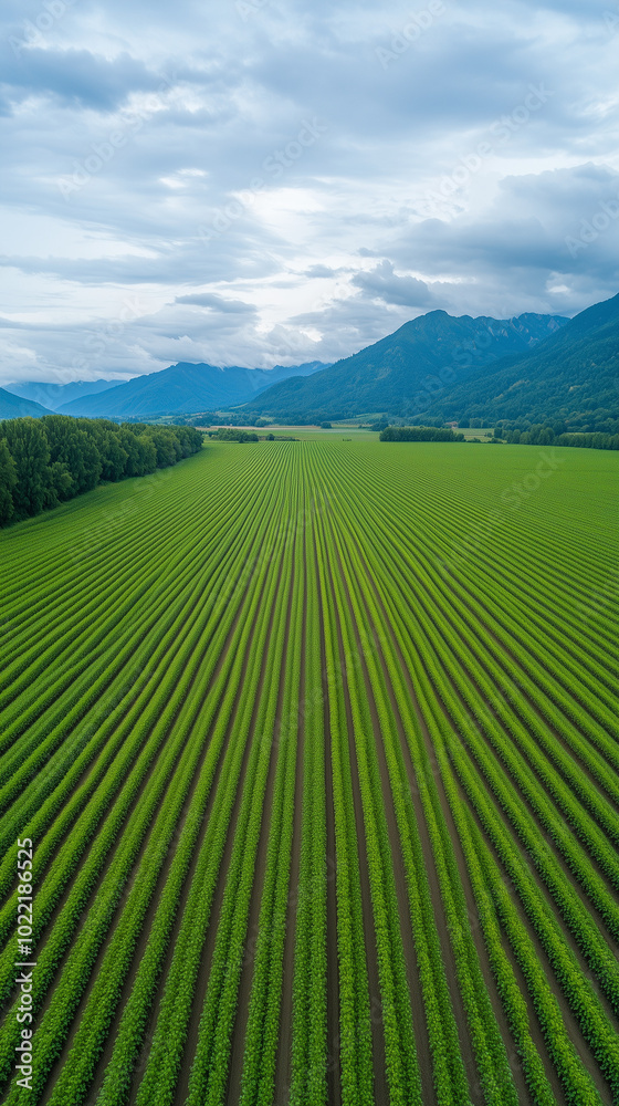 Obraz premium Cinematic Aerial View of a Regenerative Farm with Crop Rotation, contrasting colors, natural barriers, afternoon light.