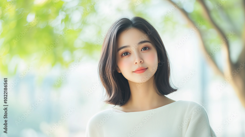 young woman with soft smile stands in bright, natural setting, surrounded by greenery. Her hair is styled in bob, and she wears light colored sweater, exuding calm and serene vibe. young woman with soft smile stands in bright, natural setting, surrounded by greenery. Her hair is styled in bob, and she wears light colored sweater, exuding calm and serene vibe.