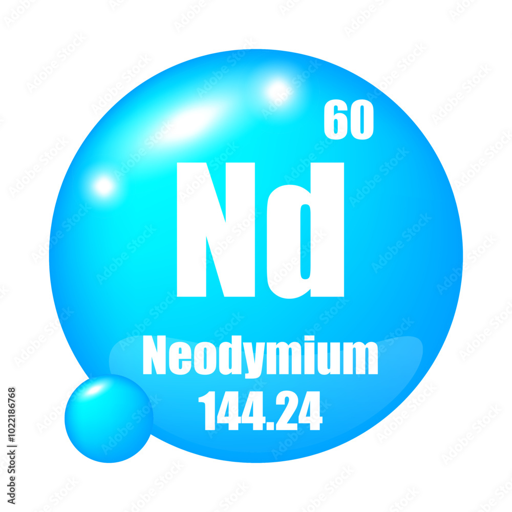 Neodymium icon. Nd chemical element. Atomic number 60. Mass 144.24. Blue sphere vector. Neodymium icon. Nd chemical element. Atomic number 60. Mass 144.24. Blue sphere vector.