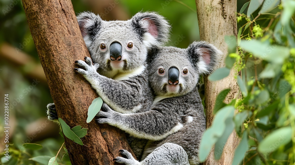 Fototapeta premium Affectionate Koala Family Clinging to Eucalyptus Tree in Australian Forest