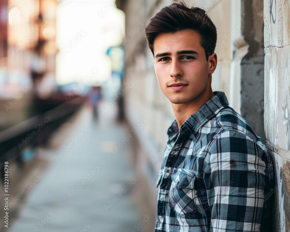 Young Man in Casual Outfit Leaning Against Wall Outdoors - Urban Lifestyle Photograph Young Man in Casual Outfit Leaning Against Wall Outdoors - Urban Lifestyle Photograph