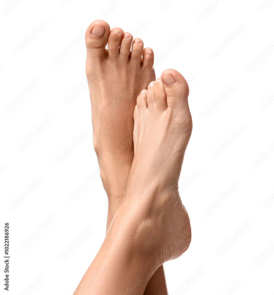 Barefoot woman on white background, closeup view Barefoot woman on white background, closeup view