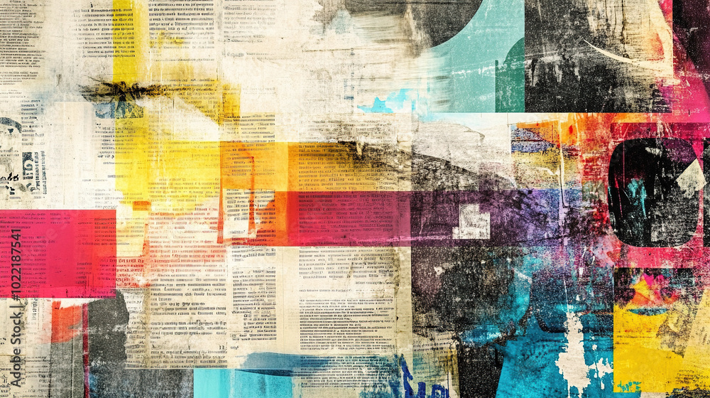 Obraz premium Abstract backdrop with collage of newspaper or magazine clippings, colorful grunge background with graffiti