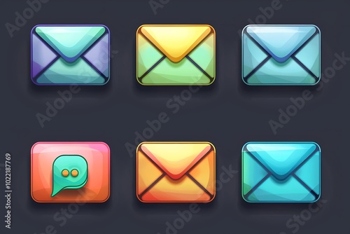 A mail icon set featuring various designs, including envelopes, inbox symbols, and notification badges, all crafted for easy use in digital interfaces.