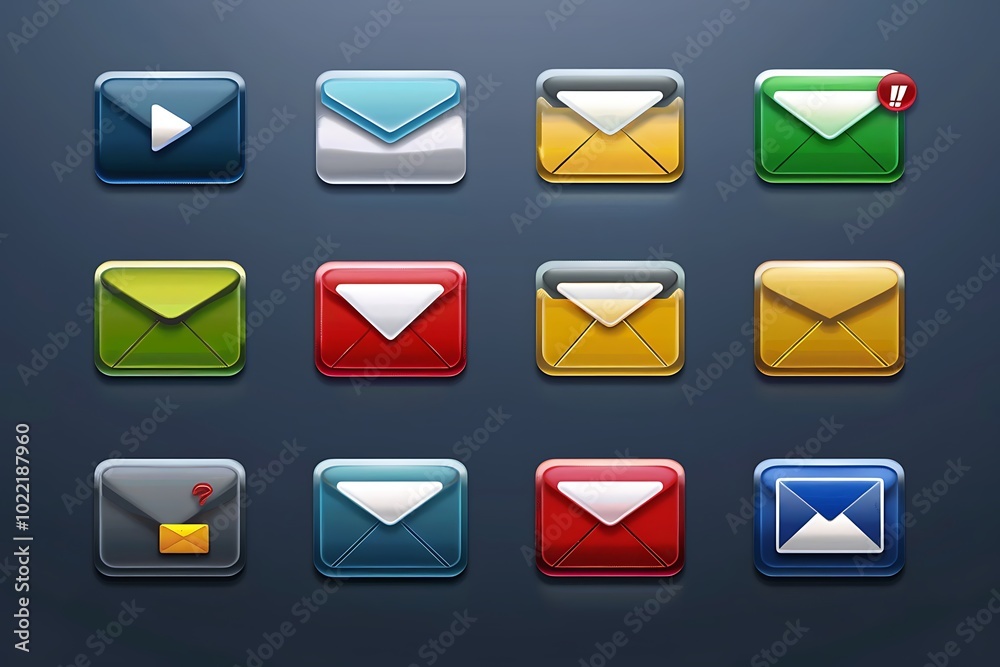 A mail icon set featuring various designs, including envelopes, inbox symbols, and notification badges, all crafted for easy use in digital interfaces. A mail icon set featuring various designs, including envelopes, inbox symbols, and notification badges, all crafted for easy use in digital interfaces.