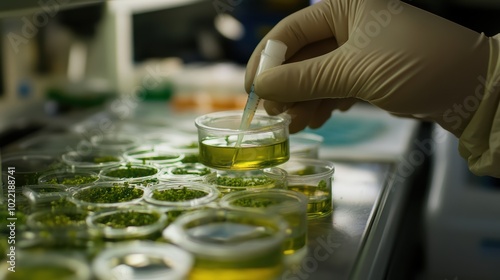 A laboratory technician makes microscopic bacteriological examination with the reagents. Work in microlaboratories photo