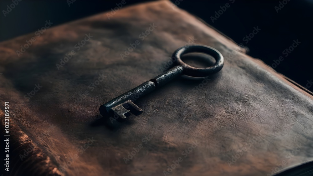 Rusty Iron Key on Old Leather-Bound Book Rusty Iron Key on Old Leather-Bound Book