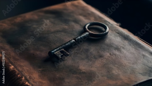 Rusty Iron Key on Old Leather-Bound Book