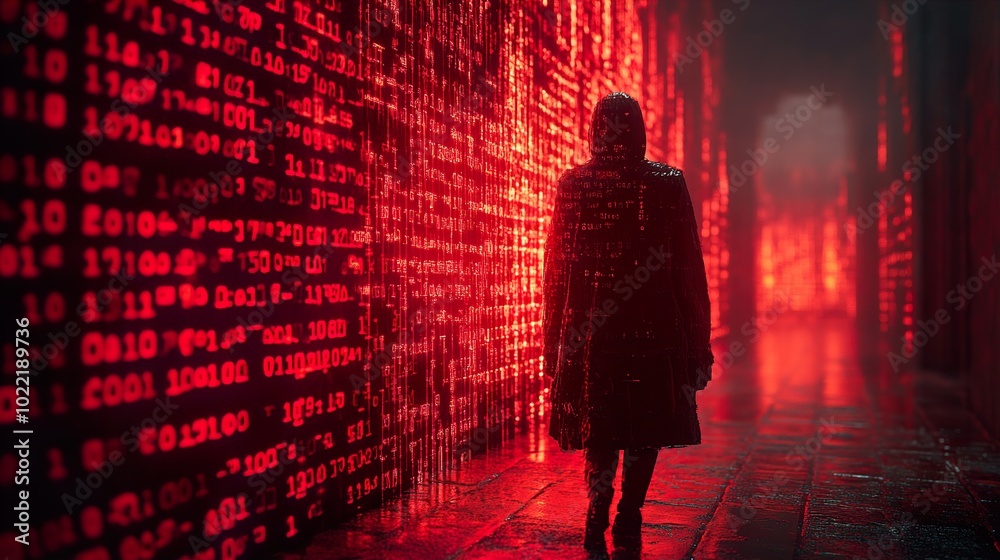 Cyberpunk Cityscape: A Hacker Walks Through a Wall of Code Cyberpunk Cityscape: A Hacker Walks Through a Wall of Code