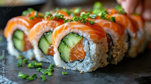 Close-up of sushi rolls with salmon, cucumber, and garnishes.