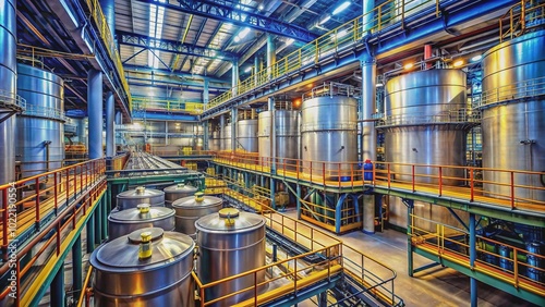 Vibrant cylindrical tanks storing diverse industrial chemicals, hazmat signs and pipes intertwined, amidst a maze of metal walkways and platforms in a sprawling factory facility.