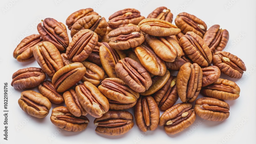 Freshly gathered pecan nuts still in their shells scattered haphazardly across a clean white background, showcasing their unique shape and natural earthy tones. Freshly gathered pecan nuts still in their shells scattered haphazardly across a clean white background, showcasing their unique shape and natural earthy tones.