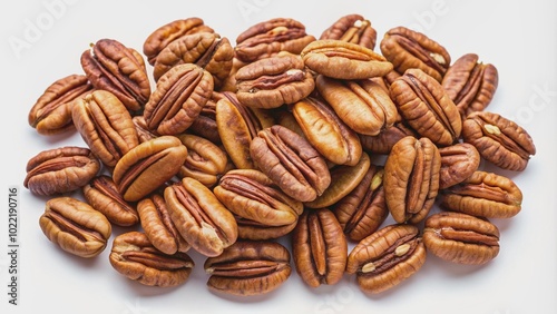 Freshly gathered pecan nuts still in their shells scattered haphazardly across a clean white background, showcasing their unique shape and natural earthy tones.