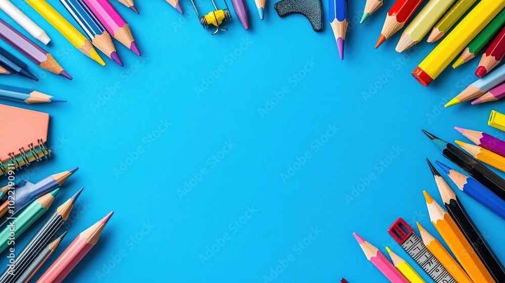 Fototapeta premium Colorful Stationery on Blue Background
