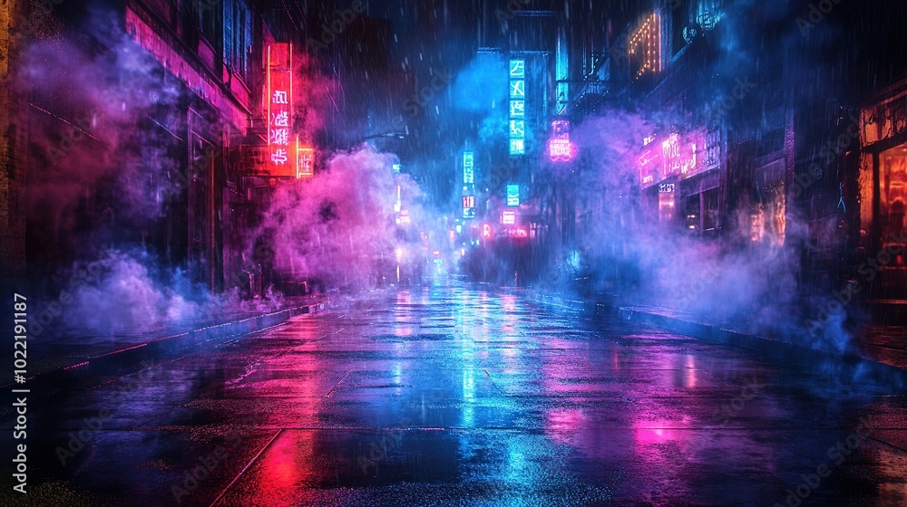 Vibrant Neon Street in Rainy Night Atmosphere Vibrant Neon Street in Rainy Night Atmosphere