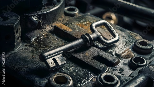 Heavy-Duty Steel Key on Greasy Workbench