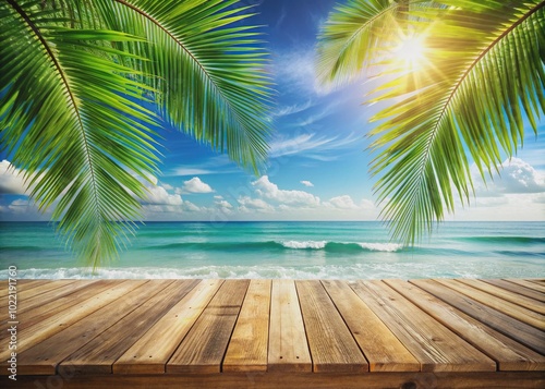 Serene summer vacation scenery: empty wooden table overlooking turquoise ocean waves, swaying palm fronds, and sunny sky, awaiting product placement or display.