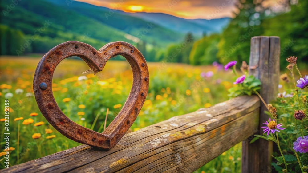 Obraz premium A lone, rusty heart-shaped horseshoe rests on a weathered wooden fence post, surrounded by lush greenery and wildflowers in a serene countryside setting.