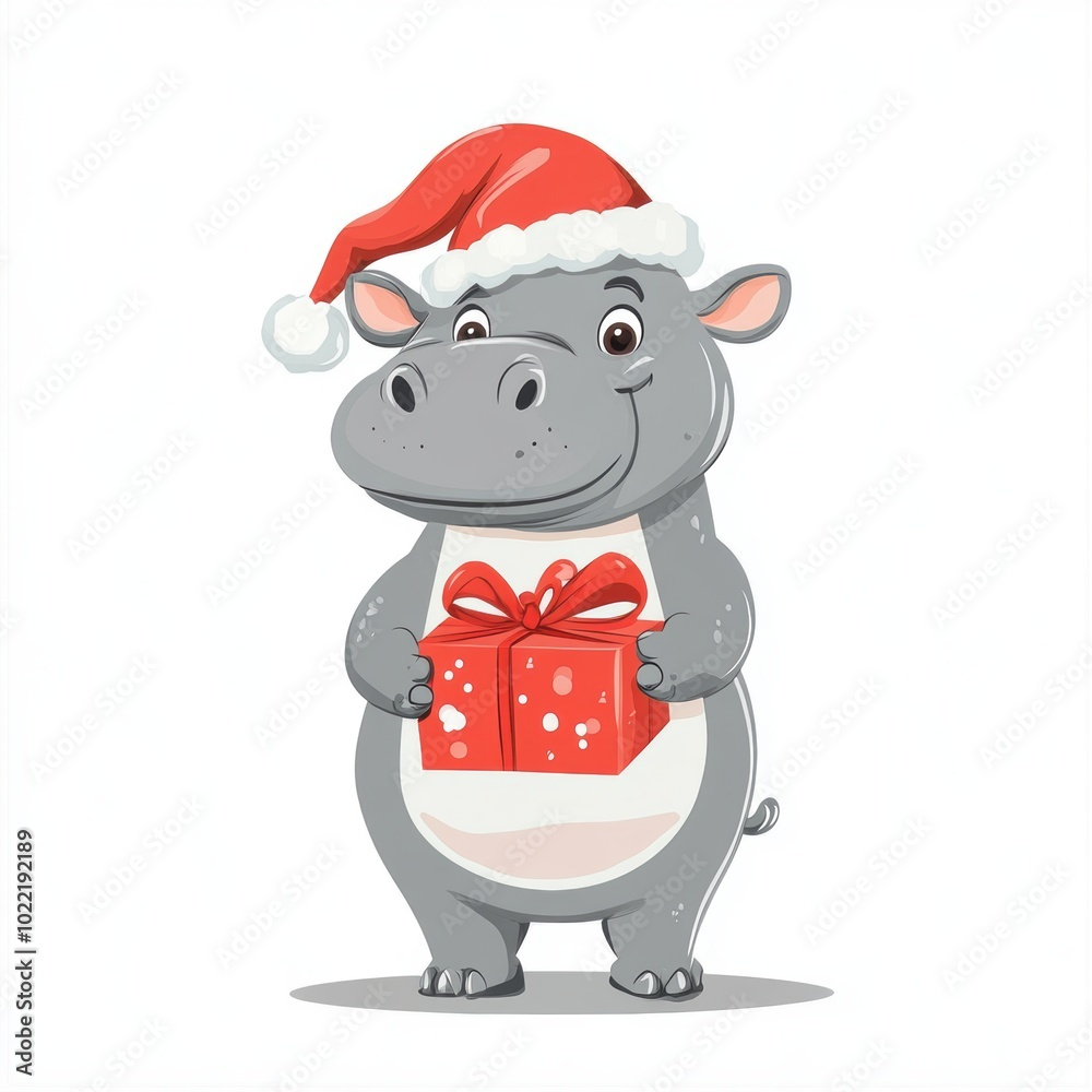 Cute hippo wearing Christmas cap holding a gift box isolated over white background. Cute hippo wearing Christmas cap holding a gift box isolated over white background.