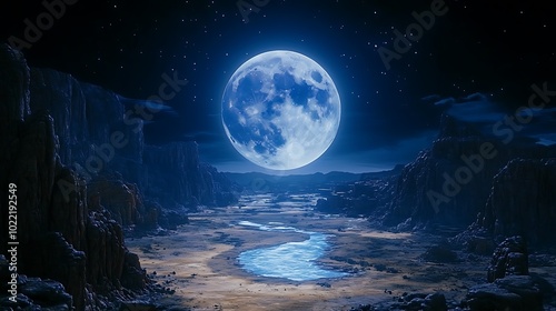 A full blue moon shines over a desert landscape, with a river flowing through the center.