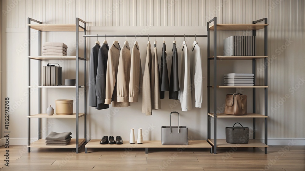 Elegant modern storage rack featuring a capsule collection in neutral black and beige hues, set against a clean minimalist backdrop with ample copy space. Elegant modern storage rack featuring a capsule collection in neutral black and beige hues, set against a clean minimalist backdrop with ample copy space.