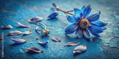 A delicate, blue-hued illustration of a wilting flower, surrounded by shattered petals and a single, forgotten earring, conveying a sense of loneliness and despair. photo