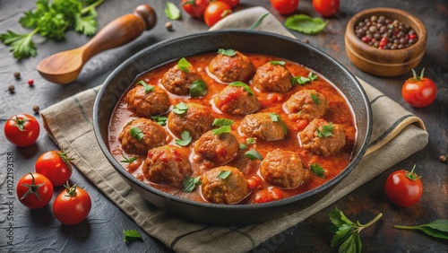 Savory meatballs simmer in a rich tomato sauce within a rustic frying pan on a dark stone table, exuding warmth and Italian culinary charm.