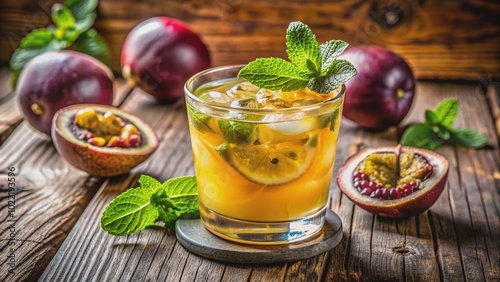 Vibrant passion fruit slice and fresh mint garnish a luxurious golden cocktail, nestled among lush passion fruits and limes on a rustic wooden table setting.