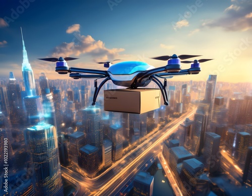 A futuristic drone delivering packages in a busy city