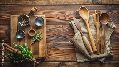 Rustic kitchen essentials laid out from above, featuring a silver fork, wooden spoons, cooking board, and teaspoon, exuding warmth and nostalgia in a cozy setup. photo