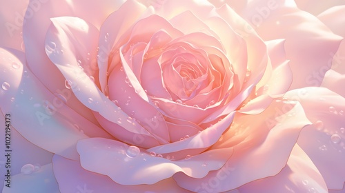 A close-up of a rose covered in morning dew, with each petal showing intricate detail and softness. illustration photo