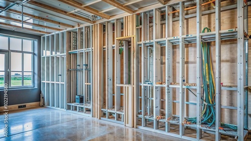 A freshly built studded wall unit stands upright on a construction site, awaiting drywall installation, with wires and pipes visible amidst the wooden framework. photo