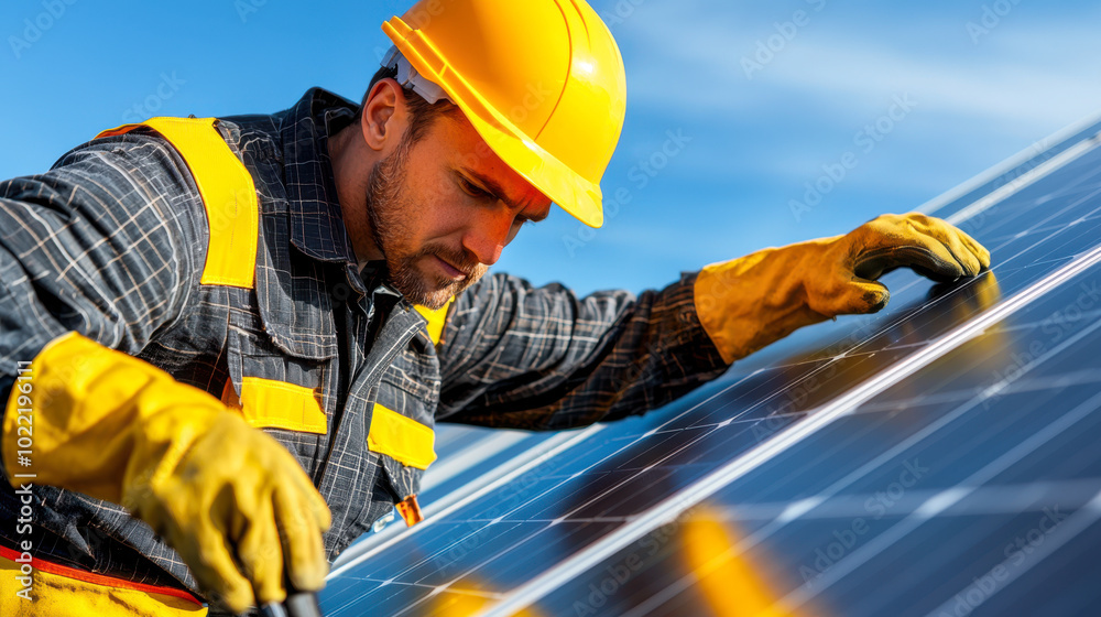 worker in yellow hard hat and gloves is carefully inspecting solar panels under clear blue sky, showcasing dedication to renewable energy worker in yellow hard hat and gloves is carefully inspecting solar panels under clear blue sky, showcasing dedication to renewable energy