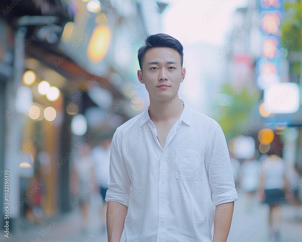 Fototapeta premium Young Man in White Shirt Walking in Urban Street at Dusk, Background Bokeh Lights, Modern City Life and Lifestyle Concept