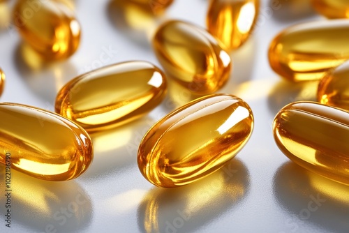 A close-up shot of Omega-3 fish oil capsules, glistening under natural light, showcasing their golden color and smooth texture