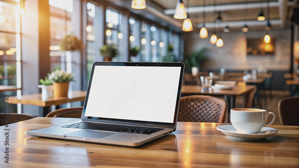 Blank screen of laptop computer on wooden table in modern restaurant shop setting, surrounded by coffee cup and lamp, ideal for workspace or eatery promotional content. Blank screen of laptop computer on wooden table in modern restaurant shop setting, surrounded by coffee cup and lamp, ideal for workspace or eatery promotional content.