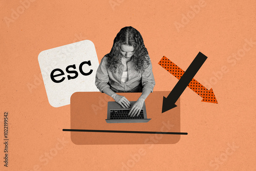 Composite photo collage of thoughtful businesswoman type laptop keyboard arrow crossed fired rejection isolated on painted background photo