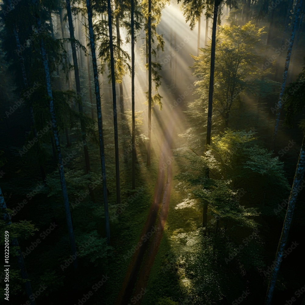 Obraz premium Mysterious forest with glowing mist and ancient trees