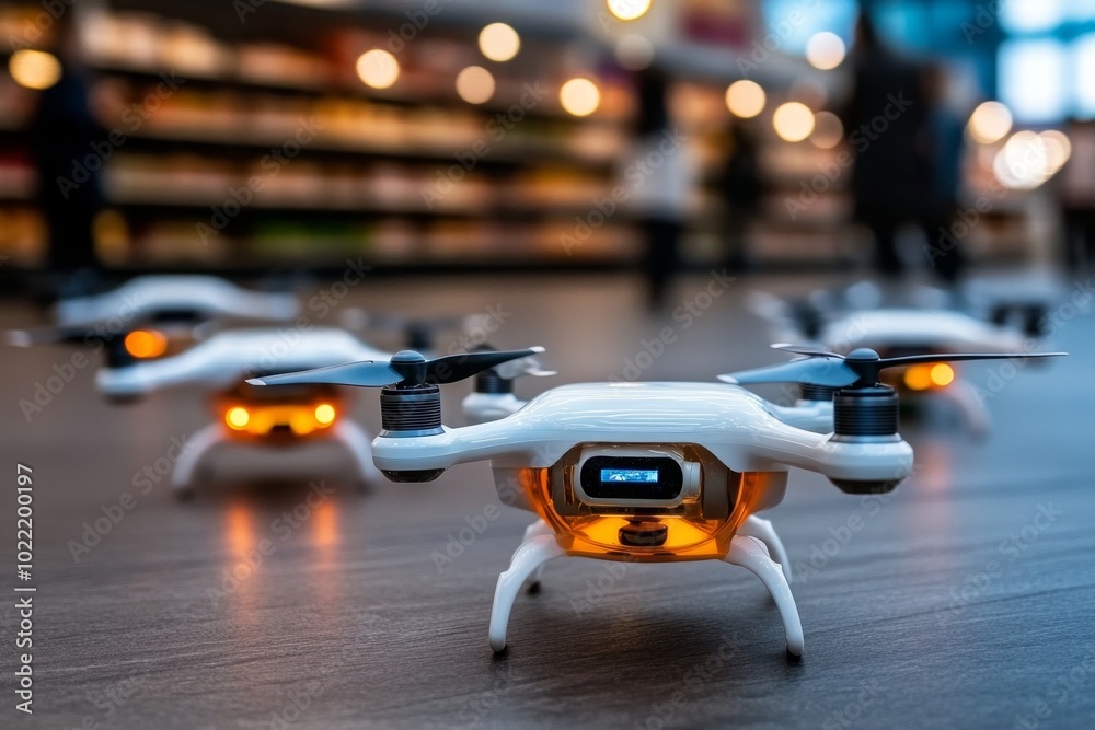 A futuristic supermarket where shoppers order food using smart devices, and drones deliver it instantly A futuristic supermarket where shoppers order food using smart devices, and drones deliver it instantly