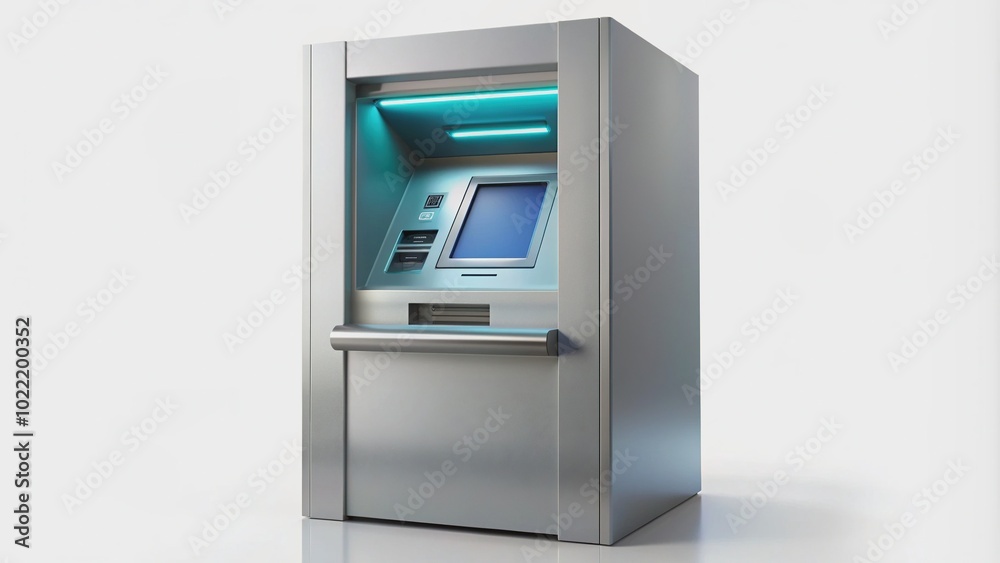 Modern 3D illustration of sleek automatic teller machine with glowing digital screen, isolated on a pure white background, showcasing clean lines and futuristic design.