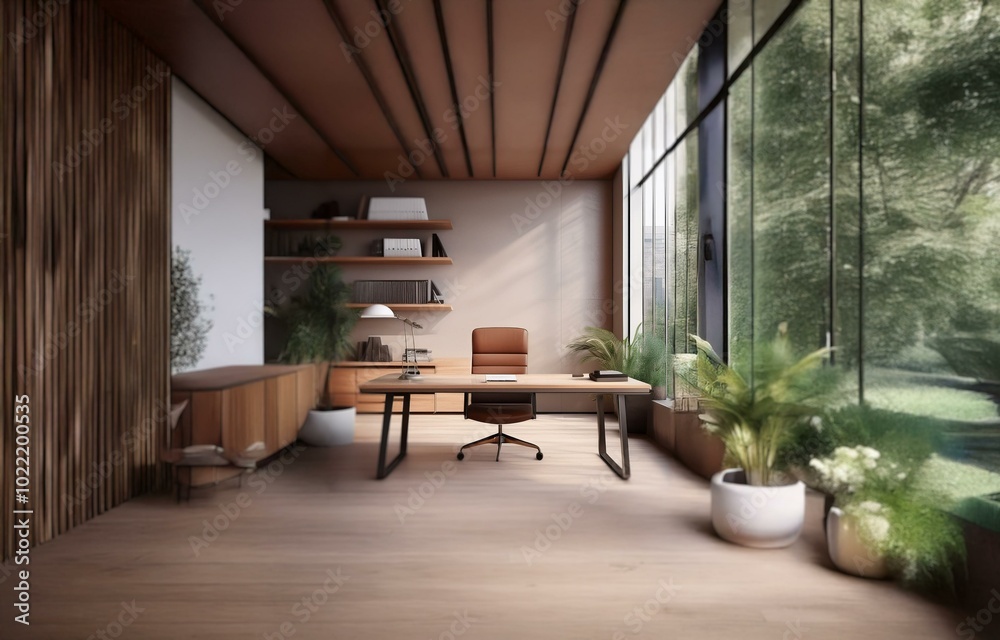 Fototapeta premium Modern home office with wooden floors, a large window with a view of the outdoors, and a desk with a chair.