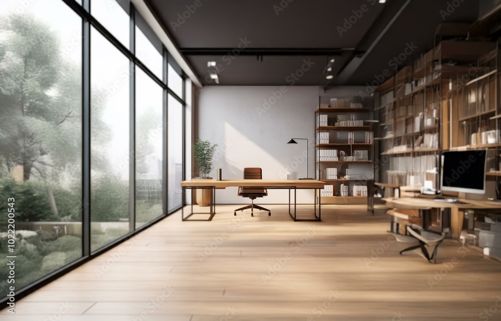 Fototapeta premium A modern office interior with a large desk, black office chair, and bookshelf. There is a window with a view of a green garden.