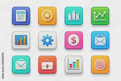 Colorful modern business flat icons set for web and mobile design, including symbols for finance, marketing, and technology, presented on a white background.
