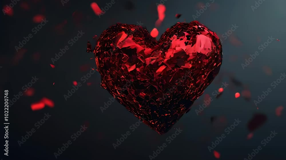 The artwork showcases a floating red heart, fragmented and surrounded by scattering pieces, evoking feelings of loss and heartache The artwork showcases a floating red heart, fragmented and surrounded by scattering pieces, evoking feelings of loss and heartache