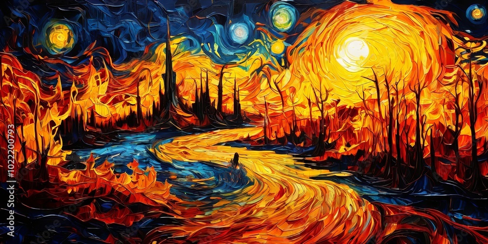Fototapeta premium A painting of a river with a man in the water