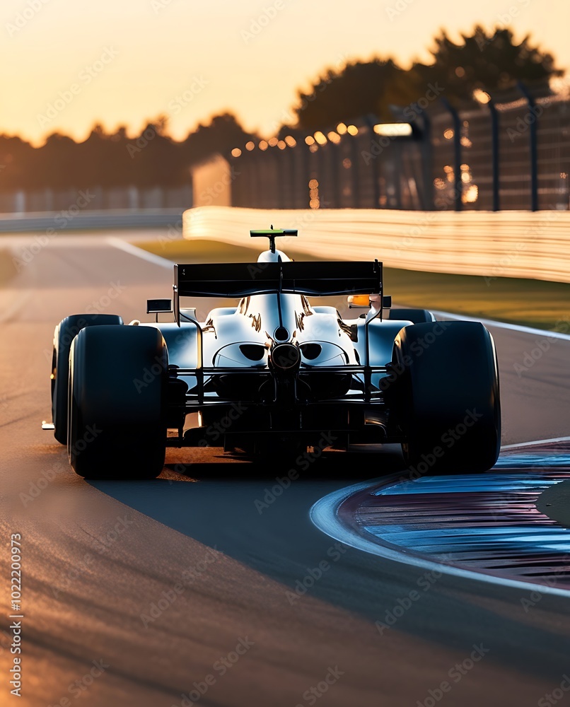 Formula 1 Racing car on track at sunset close up, back view. Racing car ...