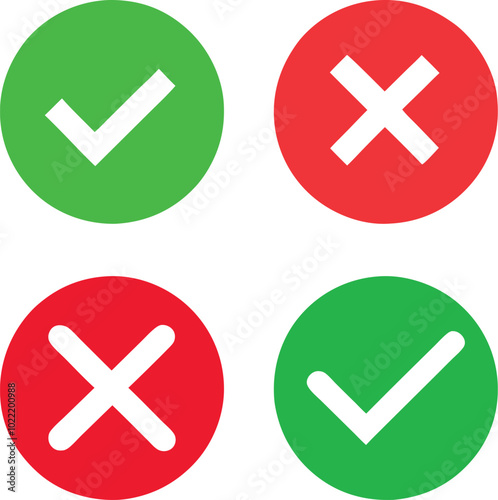 Simple icons, green and red circles, checkmarks 