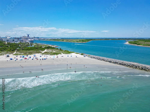 Tourists enjoying a beach day at Jetty Park in Cape Canaveral on Florida's Space Coast in Brevard County	 photo